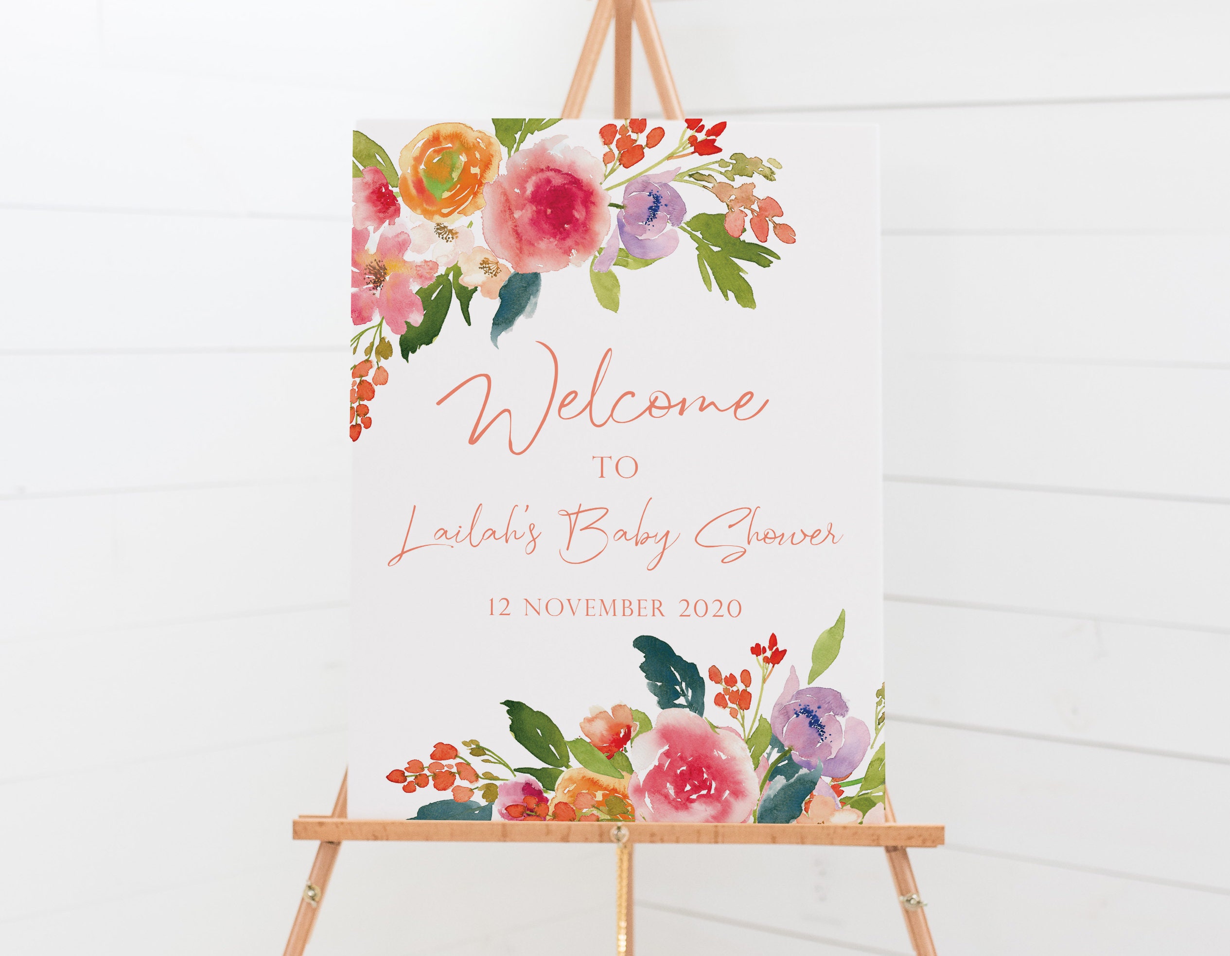 Garden Baby Shower Welcome Print Printable Welcome Sign Girl Baby Shower Decorations Coral Floral Baby Shower Welcome Poster