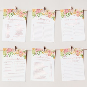 May include: A set of printable wedding shower games with a floral citrus theme. The games include "Wedding Food Traditions", "Wedding A-Z", "Name That Spice", "Wedding Predictions & Advice", "Over or Under", and "Name That Love Song".