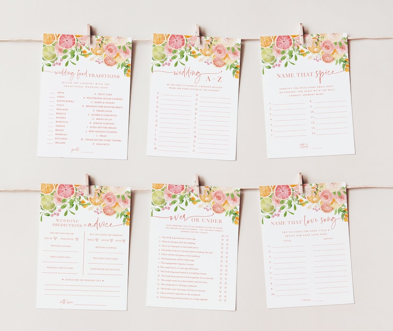 May include: A set of printable wedding shower games with a floral citrus theme. The games include "Wedding Food Traditions", "Wedding A-Z", "Name That Spice", "Wedding Predictions & Advice", "Over or Under", and "Name That Love Song".