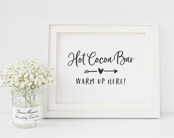 Placa de bar de chocolate quente - Placa de bar de chocolate quente para impressão - Placa de aquecimento aqui - Placa de bar de chocolate quente - Placa de bar de chocolate quente para casamento - Placa de casamento de inverno