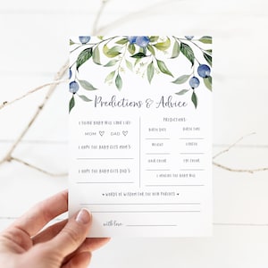 Carte prédictions et conseils pour baby shower sur le thème des bleuets - Carte à imprimer prédictions de bébé - Activité baby shower bleue pour garçons - Cartes conseils