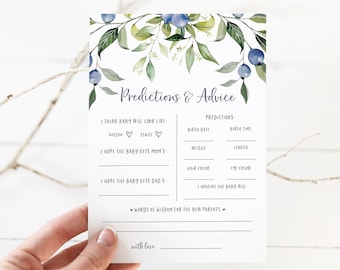 Blueberry Themed Baby Shower Predictions and Advice Card - Baby Predictions Printable Card - Boys Blue Baby Shower Activity - Advice Cards