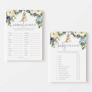 May include: Two printable baby shower game cards with a floral design. The first card has a kangaroo holding a joey and says "Animal Babies". The second card has a kangaroo holding a joey and says "Baby Traits".