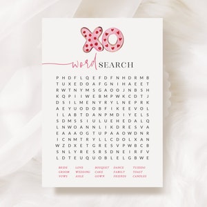 Valentine's Bridal Shower Word Search - Printable 5x7 Game - XO Bridal Shower - Wedding Word Search - Red and Pink Wedding Shower Word Game