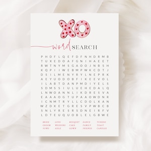 Valentine's Bridal Shower Word Search - Printable 5x7 Game - XO Bridal Shower - Wedding Word Search - Red and Pink Wedding Shower Word Game