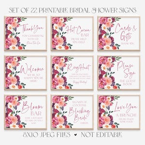 Puede incluir: Conjunto de 22 carteles imprimibles para una despedida de soltera con diseños florales en tonos rosa, burdeos y blanco. Los carteles incluyen frases como "Gracias", "Barra de chocolate caliente", "Tarjetas y regalos", "Bienvenida", "Búsqueda del anillo", "Por favor, firme", "Barra de flores", "Cóctel de firma Novia sonrojada", y "Te amo Un brunch".