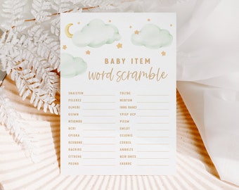 Baby Item Word Scramble - Mint and Gold Over the Moon Baby Shower - Printable 5x7 Baby Word Scramble Game - Twinkle Twinkle Little Star