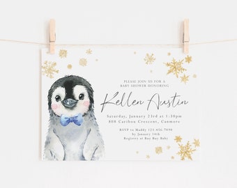 Winter Baby Shower Invitations - Penguin Baby Shower Invite - Boy Baby Shower Printable Invitation - Winter Wonderland Digital Invitation