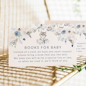 Cartes de demande de livre imprimables - Shower de bébé garçons sur le thème des chats - Cartes de livres pour bébé - Shower de bébé bleu - Insertions d'Invitation bibliothèque de bébé