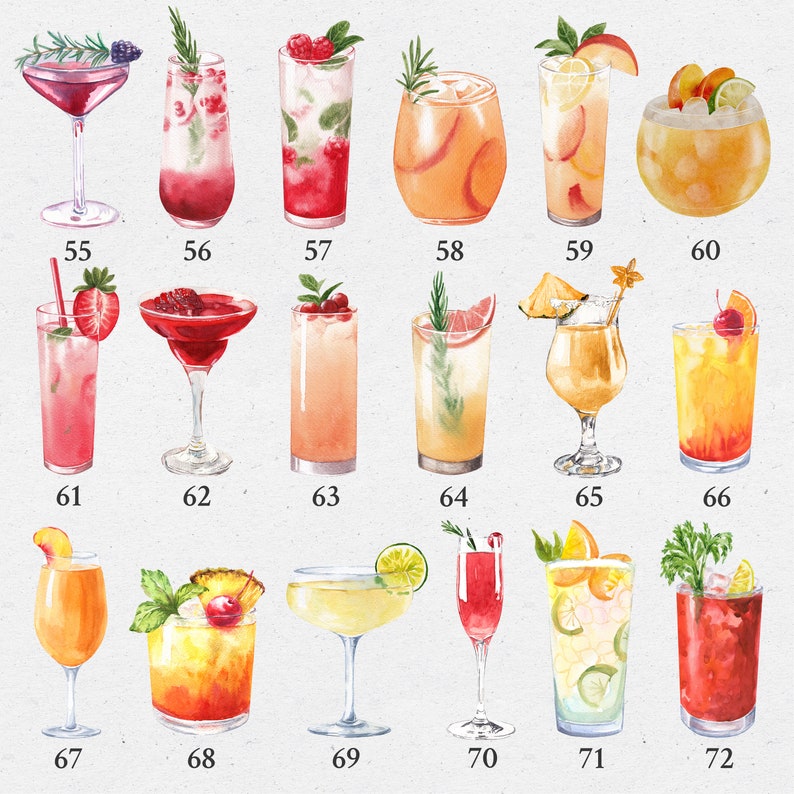 May include: A set of 72 watercolour illustrations of different types of cocktails and drinks. The illustrations are in a vintage style and feature a variety of colours and designs.