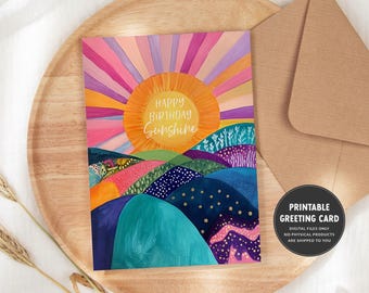 Cartão de Aniversário Sunshine | Feliz Aniversário Sunshine | Cartão de Saudações para Imprimir | Em Branco | Cartão de Aniversário para Filha | Cartão Colorido e Fofo