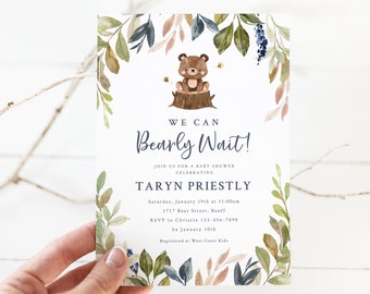 Bears and Bees Baby Shower Invitation - We Can Bearly Wait Baby Shower Printable Invite - Woodland Bear Baby Shower - Boys Baby Shower