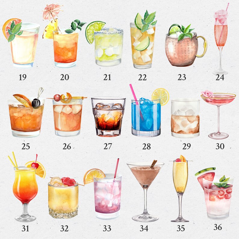 Puede incluir: Una ilustraci&oacute;n de acuarela de 36 bebidas de c&oacute;ctel diferentes, cada una con un color y un dise&ntilde;o &uacute;nicos. Las bebidas est&aacute;n numeradas del 19 al 36.