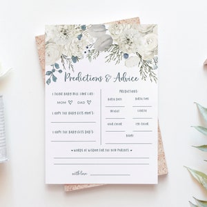 Prédictions et conseils pour bébé - Carte de prédictions bleu et blanc imprimable pour baby shower d'hiver - Carte de conseils pour baby shower de verdure hivernale