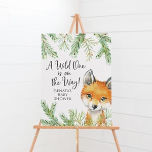 Letrero de bienvenida para baby shower de A Wild One - Decoraciones para baby shower de estilo bosque - Decoración para fiestas con animales del bosque - Letrero de bienvenida para baby shower de zorro - Póster de bienvenida