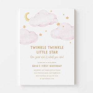 Twinkle Twinkle Little Star Birthday Party Invitation - Moon and Stars First Birthday Invite - Pink Twinkle Twinkle 1st Birthday Invitation