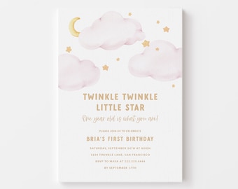 Twinkle Twinkle Little Star Birthday Party Invitation - Moon and Stars First Birthday Invite - Pink Twinkle Twinkle 1st Birthday Invitation