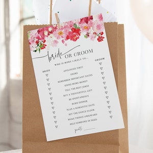 Valentine&#39;s Day Bridal Shower Game - Printable Bride or Groom Game - Guess Who: Bride or Groom Quiz - Pink and Red Floral Bridal Shower