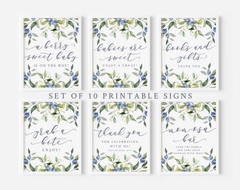Blueberry Baby Shower Sign Bundle - Set of 10 Printable Signs - Berry Sweet Baby - Blue Baby Shower Decorations - Blueberry Sign Package
