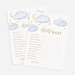 Dear Baby Cards - Baby Shower Over the Moon - Biglietti stampabili 5x7 - Auguri per il bambino - Baby Shower Moon and Stars - Baby Shower Blue and Gold