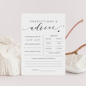 Prédictions et carte de conseils pour une fête prénatale - carte de prédictions de bébé imprimable - conseils pour les nouveaux parents - neutre en noir et blanc