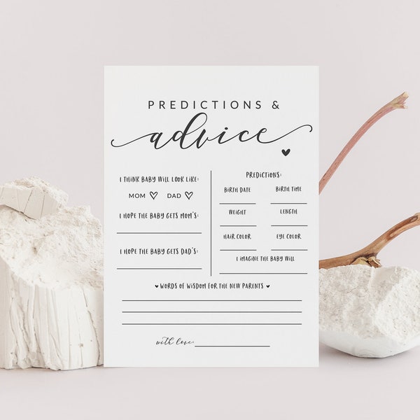 Baby Shower Predictions and Advice Card - Printable Baby Predictions Card - Advice for the New Parents - Black and White Gender Neutral