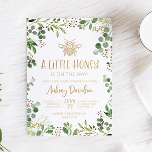 Bee Theme Baby Shower Invitations - Digital Baby Shower Invite - Greenery and Gold Baby Shower - A Little Honey Bee Shower Invitations