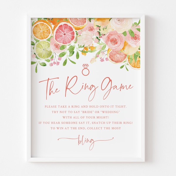 Citrus Bridal Shower Ring Game - Printable 8x10 Sign - Don't Say Bride Game - Citrus Wedding Shower Game - Bridal Ring Game - Orange Theme