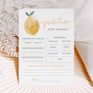 Citrus babyshower voorspellingen en advieskaart - afdrukbare kaart van 5 x 7 - citroen babyshower - kaart babyvoorspelling - babyadvies - hoofdsqueeze