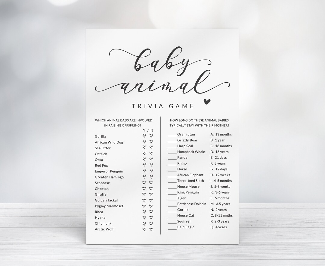 Baby Animal Trivia Game for Baby Shower - Black and White Printable ...