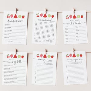 May include: Six printable baby shower game cards with a watermelon, lime, and cherry theme. The games include "Dear Baby", "Word Search", "Baby Item Word Scramble", "Who Knows Mommy Best", "Memory Game", and "What's in the Diaper Bag".