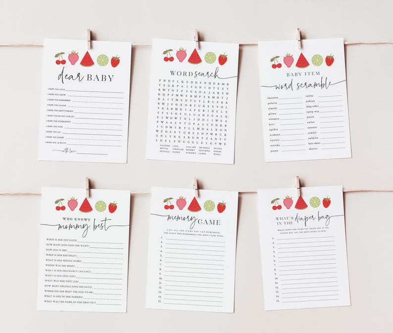 May include: Six printable baby shower game cards with a watermelon, lime, and cherry theme. The games include "Dear Baby", "Word Search", "Baby Item Word Scramble", "Who Knows Mommy Best", "Memory Game", and "What's in the Diaper Bag".