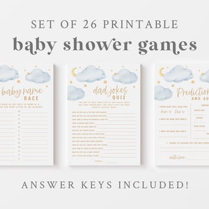 Blue Twinkle Twinkle Little Star-spelbundel babyshower - 26 afdrukbare spellen en activiteiten - Over the Moon-babyshowerspellen - sterrenthema
