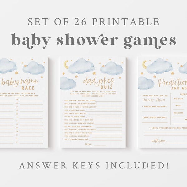 Blue Twinkle Twinkle Little Star Baby Shower Game Bundle - 26 Printable Games & Activities - Over the Moon Baby Shower Games - Star Theme