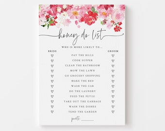 chore chart husband and wife Valentine's Bridal Shower - Honey Do List Guessing Game - Printable Household Chore Game - Pink and Red Bridal Shower - Valentine's Day Game