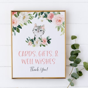 Cards, Gifts and Well Wishes - Cat Baby Shower Theme Decorations - Kitten Party Decor - Gift Table Sign - Girl Baby Shower Printable Signage