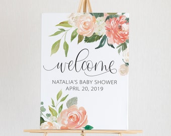 Girl Baby Shower Decorations - Peach Floral Baby Shower Decor - Custom Baby Shower Welcome Sign Printable - Baby in Bloom Shower Theme
