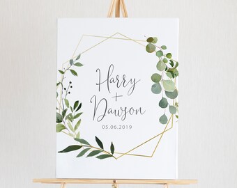 Wedding Welcome Sign Printable - Greenery and Gold Wedding Decor - Custom Wedding Couple Name Sign - Botanical Geometric Wedding Decorations