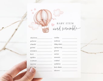 Baby Word Scramble - Travel Themed Baby Shower - Printable 5x7 Word Scramble Game - A New Adventure - Pink Hot Air Balloon Baby Shower Game