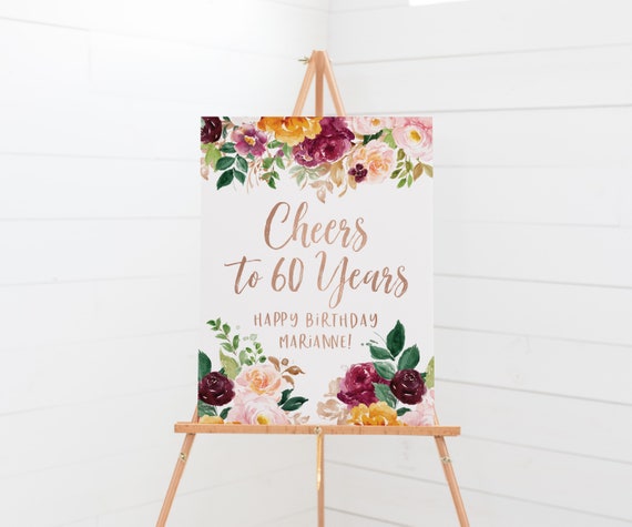 60 Birthday Sign - Cheers to 60 Years - Custom Birthday Welcome Sign - Mom Birthday Party Decor - Rose Gold Birthday Decor - 60th Banner