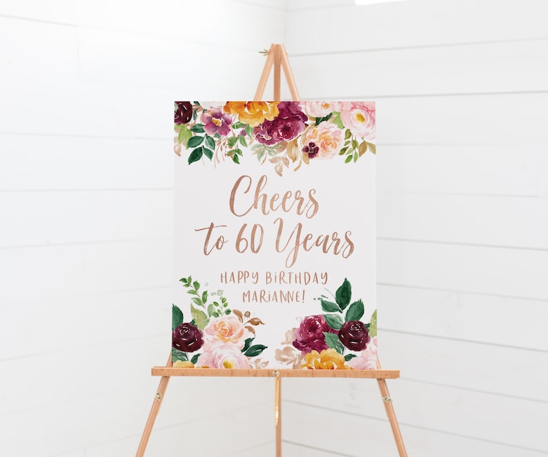 60 Birthday Sign - Cheers to 60 Years - Custom Birthday Welcome Sign - Mom Birthday Party Decor - Rose Gold Birthday Decor - 60th Banner image 1