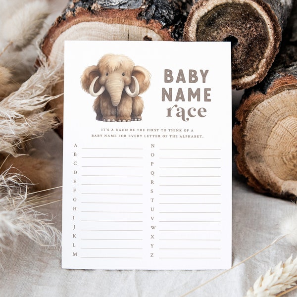 Wolliges Mammut Baby Shower - Baby Name Race - Printable 5x7 Spiel - Ice Age Baby Shower - Prähistorische Kreaturen Baby Shower - Baby Name Game