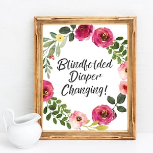 Baby Shower Games Printable - Blindfolded Diaper Changing Sign - Baby Shower Activities - Girl Baby Shower Decor - Floral Baby Shower Signs
