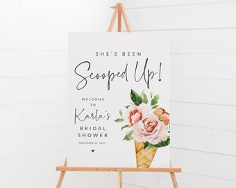 She&#39;s Been Scooped Up Bridal Shower Welcome Sign - Ice Cream Themed Party Welcome Poster Printable - Flowers in Ice Cream Cones Party Sign