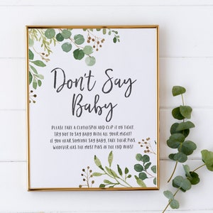 Don&#39;t Say Baby Game Sign - Gender Neutral Greenery Baby Shower Signage - Baby Shower Games - Green and White Baby Shower Decorations