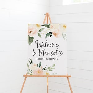 Cartello di benvenuto personalizzato stampabile - Decorazioni per la festa nuziale Blush - Decorazioni per la festa nuziale Blush, avorio e verde - Poster di benvenuto personalizzato