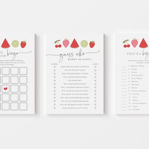 May include: Three printable baby shower game cards with a watermelon, strawberry, and lime theme. The first card is a bingo card with a heart in the center. The second card is a "guess who" game with questions about the parents. The third card is a "that's a big baby" game that matches animals with their average birth weight.