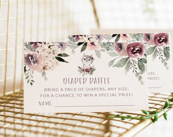 Diaper Raffle Insert Card Printable - Purple Floral Baby Shower Diaper Raffle Card - Girls Baby Shower Diaper Raffle Ticket - Purple Flowers