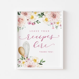 Tarjetas con recetas y letreros imprimibles para despedidas de soltera con temática de cocina: deje sus recetas aquí. Pronto se enviarán a Whisky Away. Letrero con recetas para despedidas de soltera