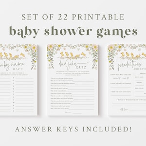 May include: A set of 22 printable baby shower games with a floral and bird theme. The games include a baby name race, a dad jokes quiz, and a predictions and advice game.